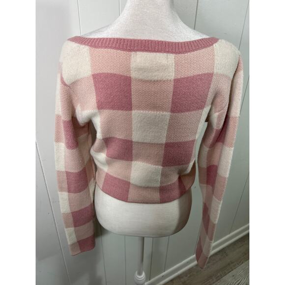 Altar’d State Square Neck Pink Check Preppy Long Sleeve Cropped Sweater Size M - Picture 2 of 6